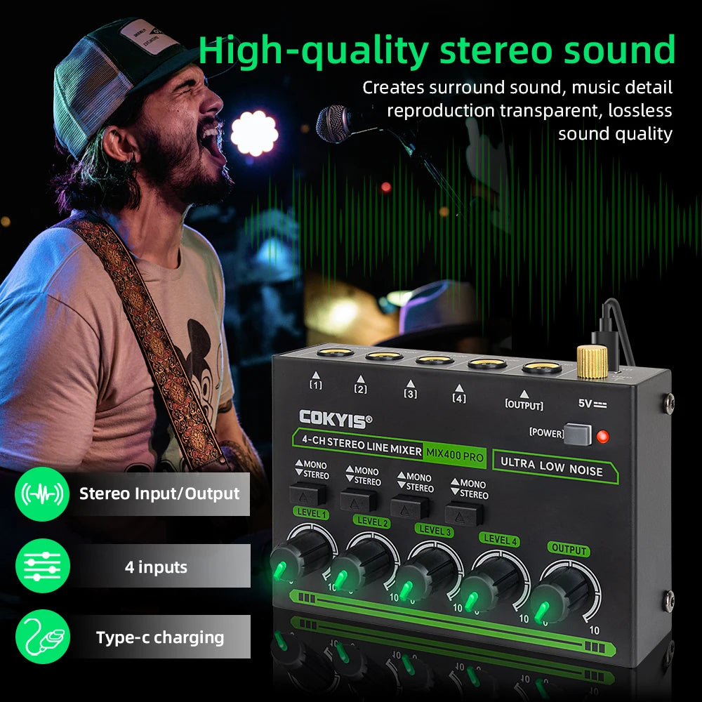 4/6/10 Channel Ultra Low Noise Stereo Line Mixer Mini Professional Sound Mixer with RGB Light DC5V Easy Operation Audios Mixer