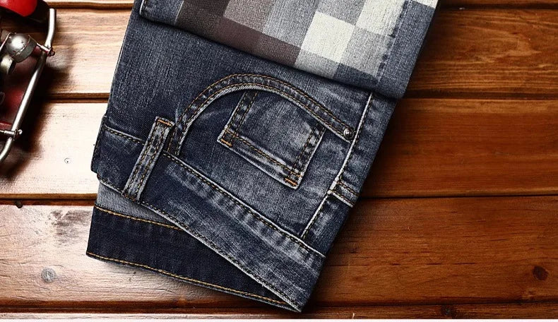 Trendy design mosaic printed jeans for men's fashionable summer thin casual and handsome elastic denim slim fit small leg pants