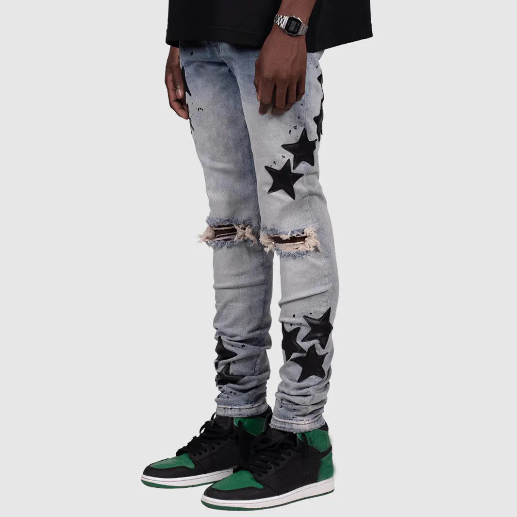 Ripped Men Jeans Denim Pant Star Mid Waist Slim Fit Vintage Wash Punk Style Skinny Pencil Pants Distressed Holes Ankle Length
