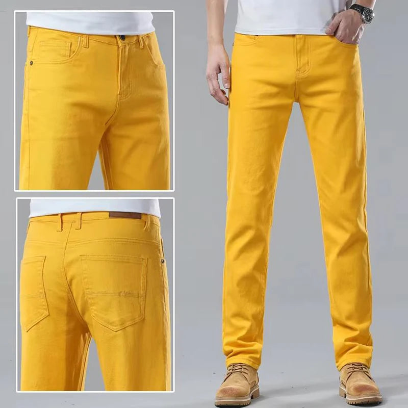 New Autumn Men's Yellow Pink Red Slim Jeans Classic Straight Elasticity Denim Pants Male Brand Stretch Skinny Colorful Trousers