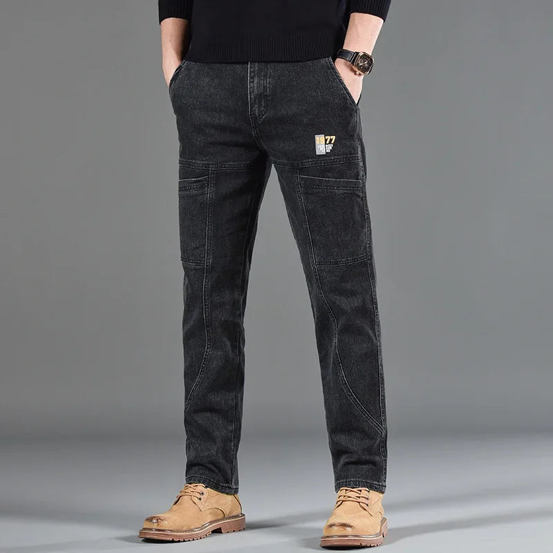 2025 New Style Jeans Men's Slim Fit Korean Style Comfortable Straight Leg Elastic Gray Mid Waist Pants Men's Casual Denim Pants