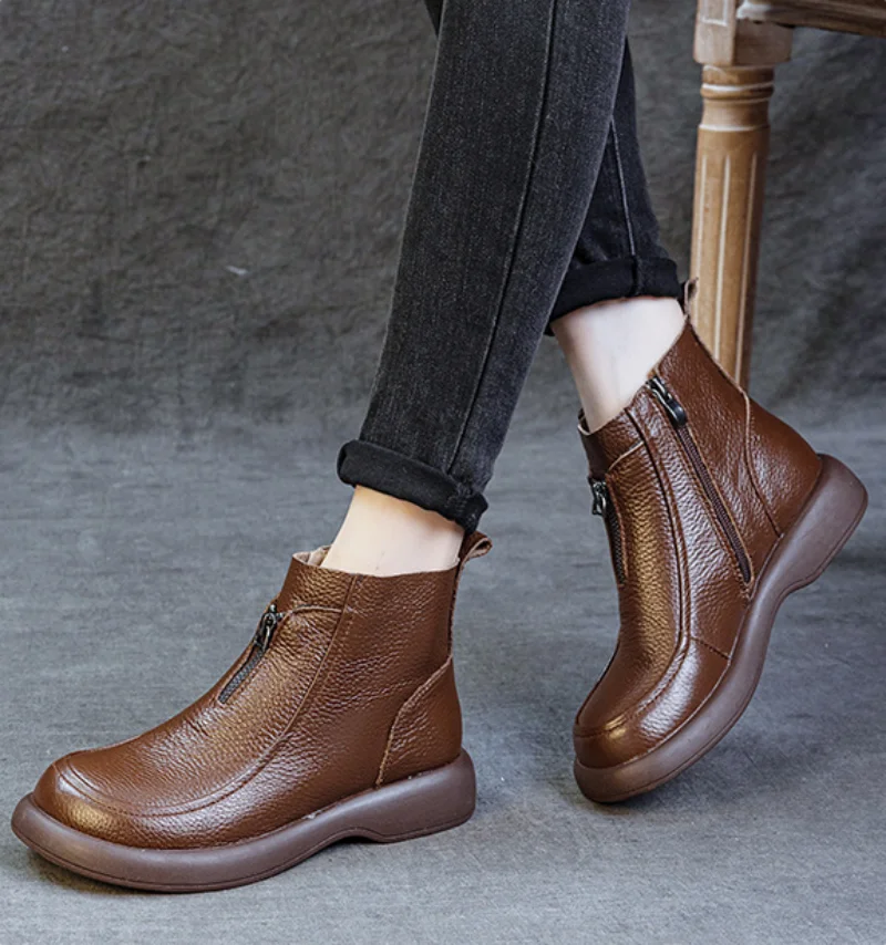 ZXRYXGS 2025 Autumn Winter Boots Women's Genuine Leather Boots Flat Heel Soft Sole Non-Slip Comfortable Short Boots Trendy Shoes