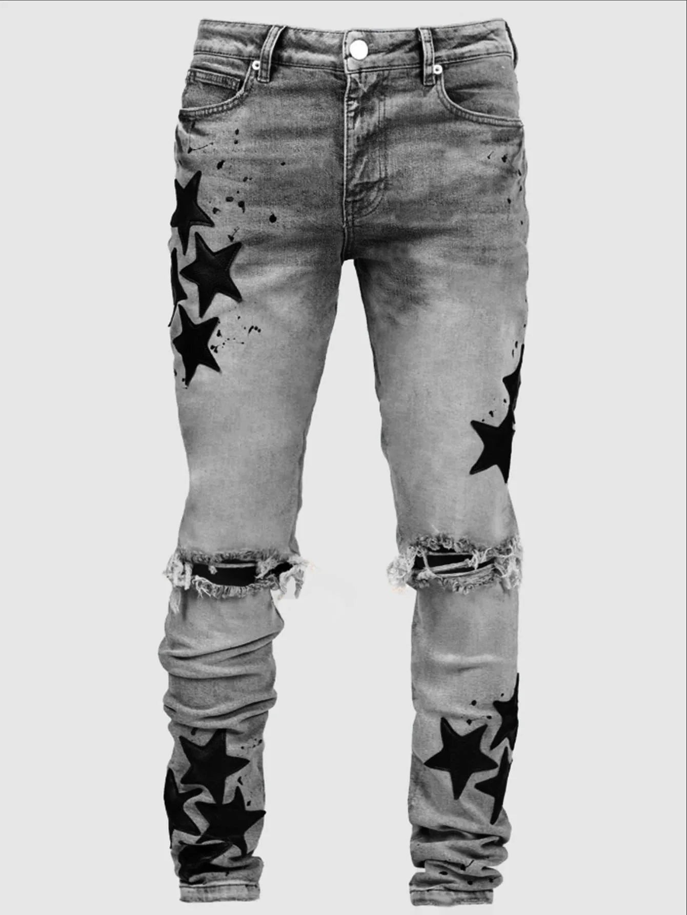 Ripped Men Jeans Denim Pant Star Mid Waist Slim Fit Vintage Wash Punk Style Skinny Pencil Pants Distressed Holes Ankle Length