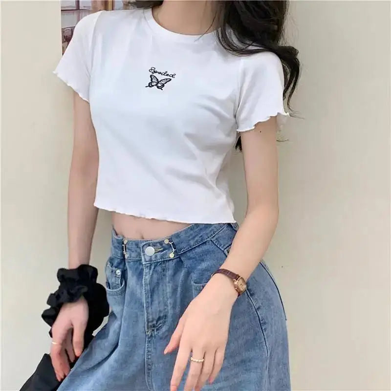 Y2K Crop Top T-shirt Women O-neck High Waist Slim Crop Top Butterfly Embroidered Short-Sleeved Tee Shirt T-shirts  Woman Clothes