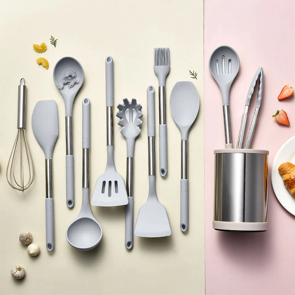 Kitchen Utensils Set Silicone Stainless Steel Handle Non Slip Heat Resistant Cooking Utensils Set for Home Apartments