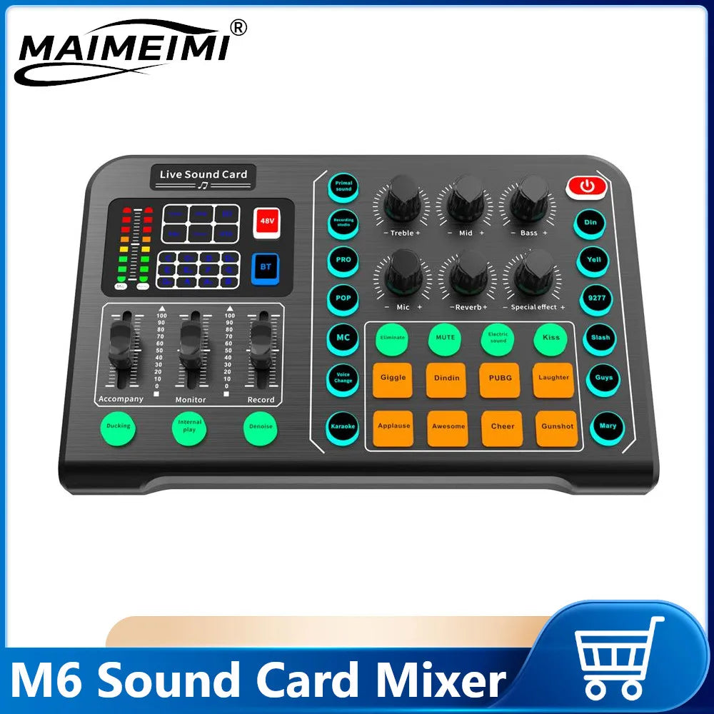 M6 Sound Card Audio Mixer for Live Broadcast Karaoke Live Broadcast Equipment for Game Singing Voice Podcast Live Streaming