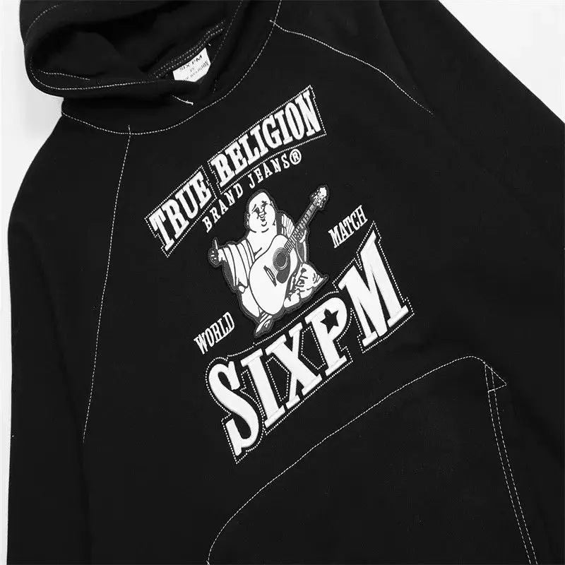 Embroidered Cotton Hoodie Men Vintage Hip Hop Streetwear Oversized Pullover Sweatshirt Women Unisex Casual Hooded Loose Black