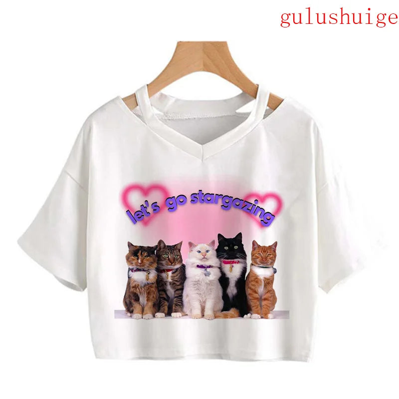 Y2k Crop Top Funny Cute Cat T Shirt Women Shirt Cropped Harajuku Graphic Ulzzang T-shirt 90s Tshirt Top Tee Female Gothic