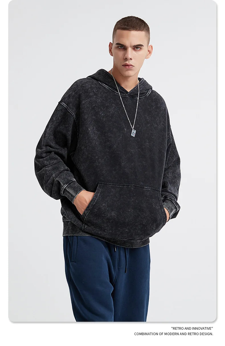 100% Cotton Men's Clothing Vintage Black Acid Wash Hoodies Men Women Oversized Hip Hop Sweatshirts Casual Pullover Y2K Clothes