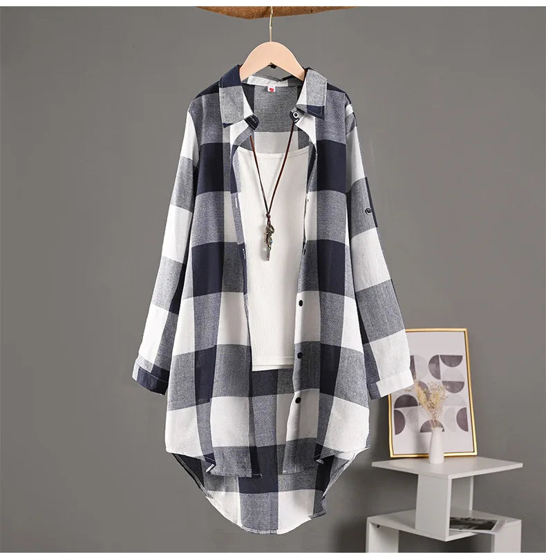 Women's Plaid Shirt Casual Blouses Woman Tops for Women Long Sleeve Long Sleeve Shirts Chic Blouse Check Linen Cotton Clothing