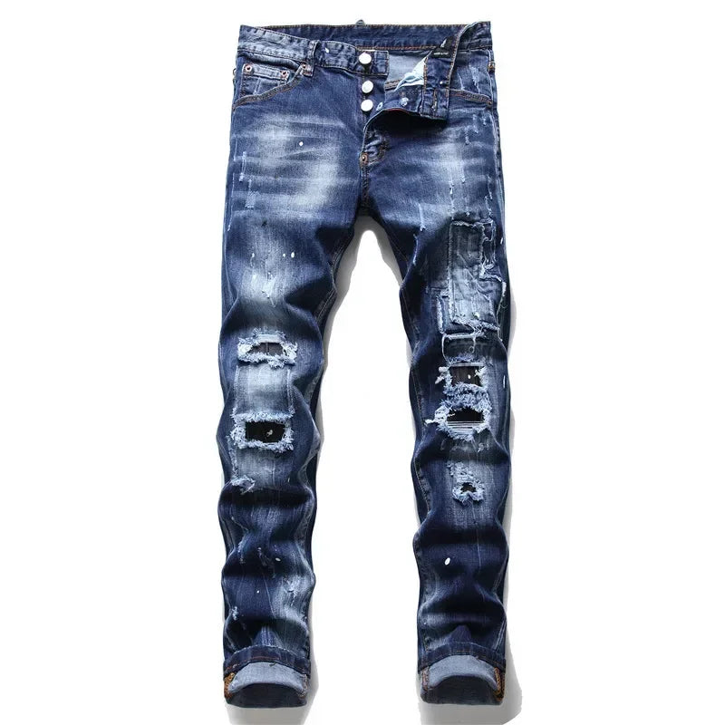 Men Ripped Skinny Denim Jeans Blue Holes Jeans Italian Style Stretch Denim Pants High Quality Male Slim Fit Denim Trousers  38