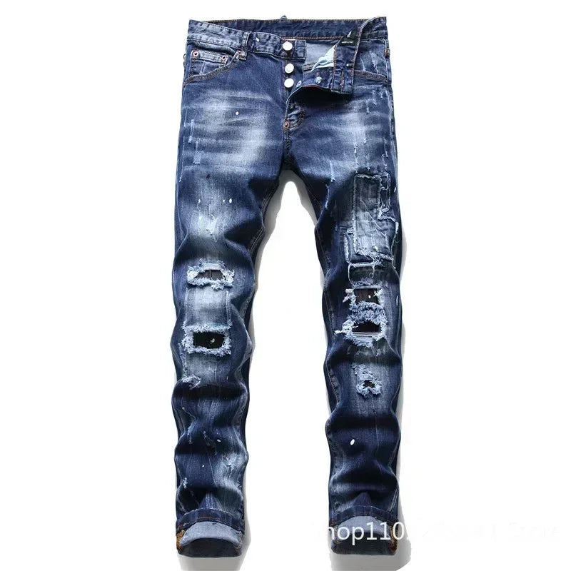 Men Ripped Skinny Denim Jeans Blue Holes Jeans Italian Style Stretch Denim Pants High Quality Male Slim Fit Denim Trousers  38