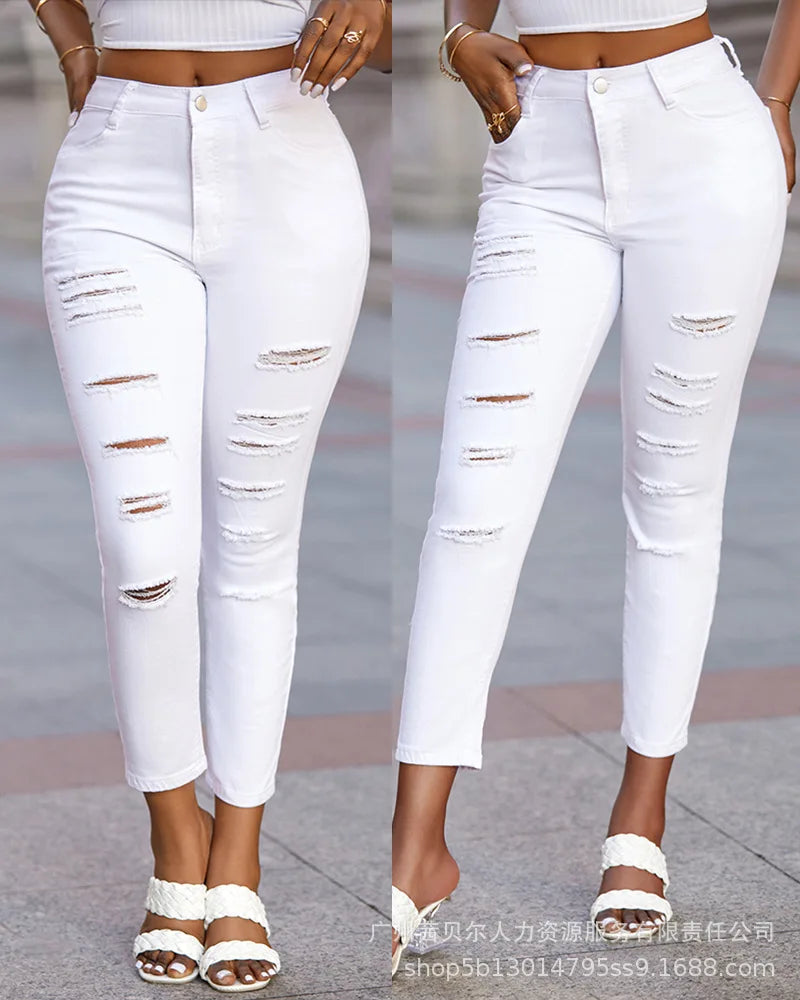 Denim Skinny Ankle-Length Pants Ripped Y2K Women's High Waist Summer Jeans Stretch Ripped Ankle-Tied Denim Trousers Jean