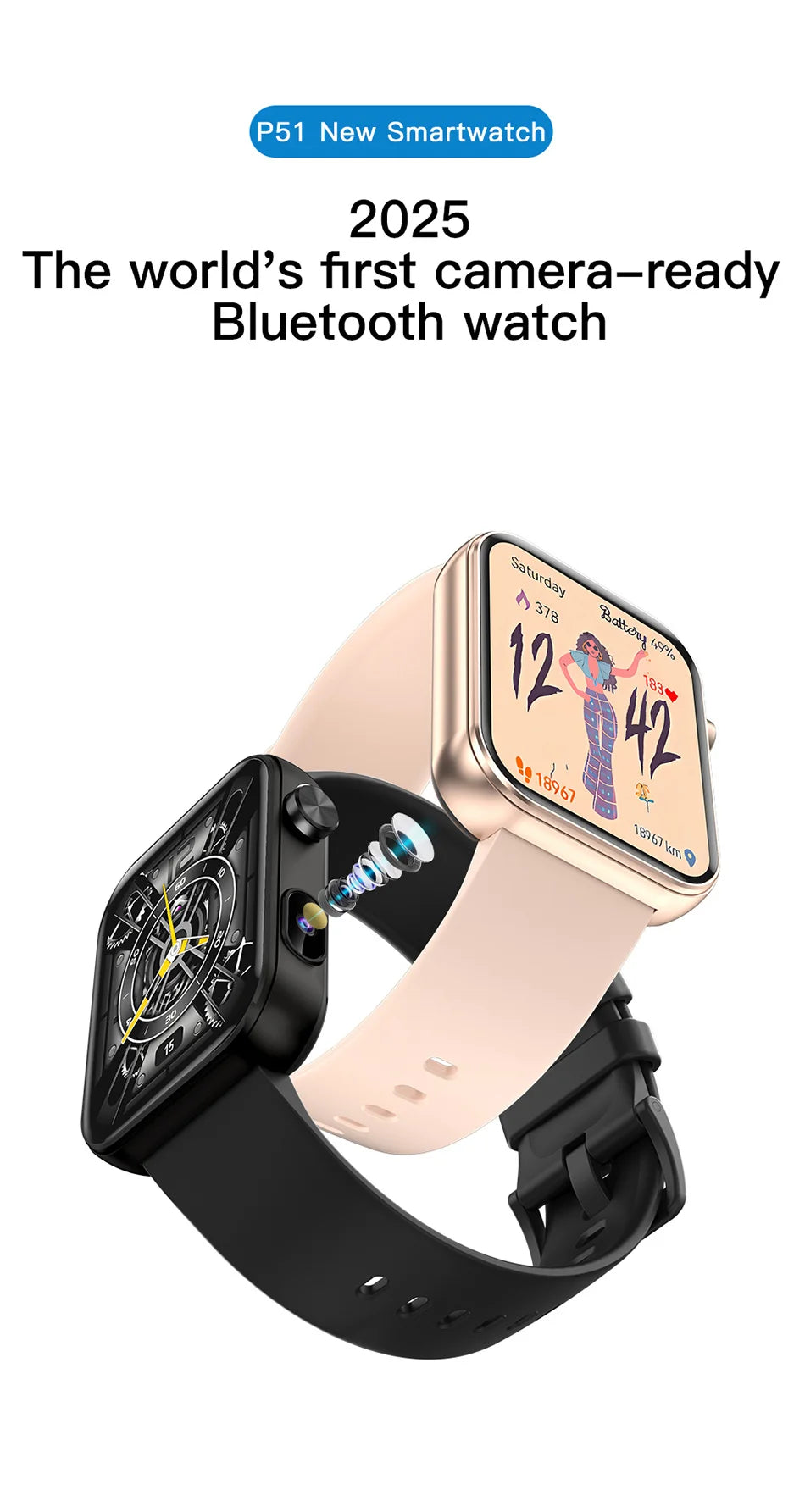 2025 New Smart Watch Men Women Camera Take Photos Record Video Health Monitor Sports Fitness Waterproof BT Call Smartwatch