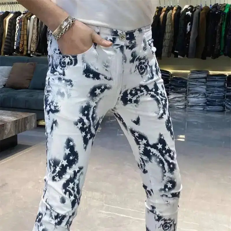Trendy Men's Slim Fit Jeans Personalized Print Street Elastic Men's Pant Pantalon Homme Punk Denim Long Pants Hip Hop Jeans