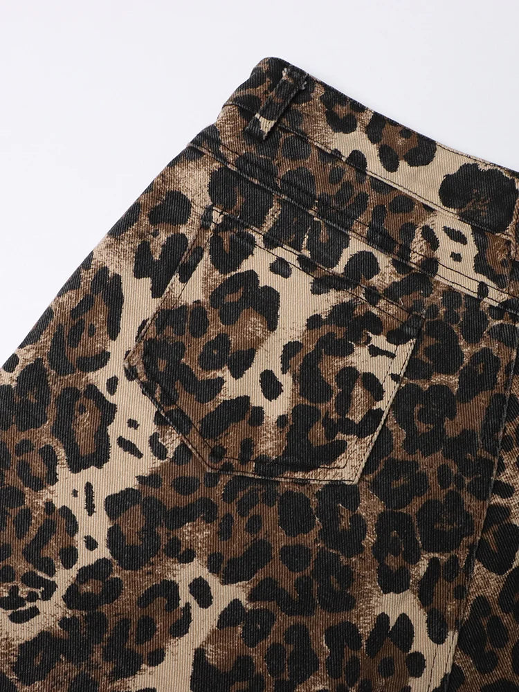 TWOTWINSTYLE Leopard Ripped Wide Leg Jeans For Women High Waist Patchwork Button Loose Fashion Denim Pant Female Clothing New