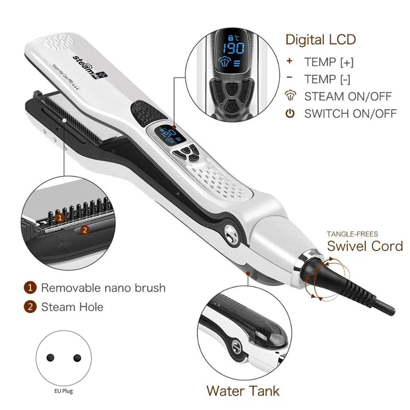 Professional Salon Steam Hair Straightener Nano Titanium  Steam Flat Iron + Removable Comb EU Plug Black