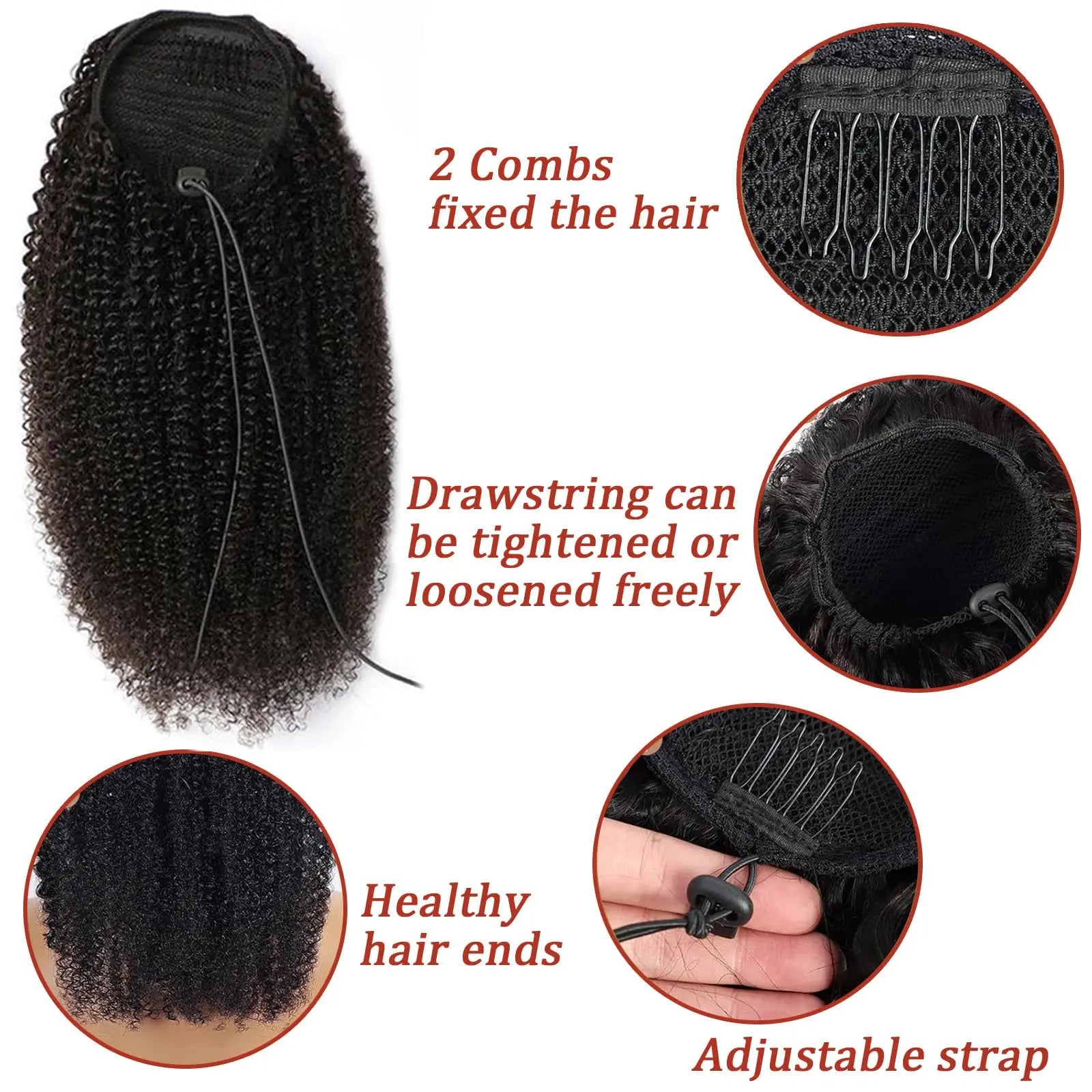 Pony Tail Hair Extensions Kinky Curly Ponytail Extension Drawstring Human Hair Clip in for Black Women Curly Wave Thick Hair #1B