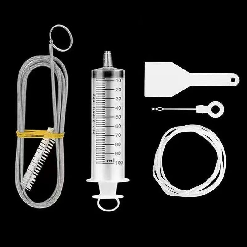 All-inclusive Cleaning Tools Set with Anti-Clog Feature- Brush, Hose, Syringe, Fridge Drain Hole Cleanser and more