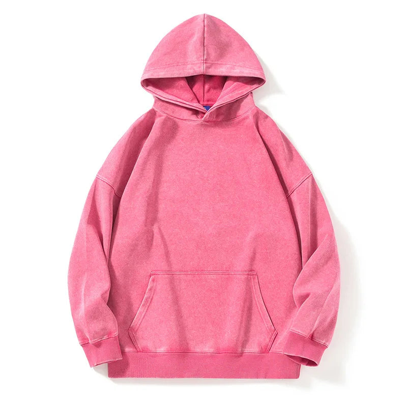 New Washed Retro Distressed Pure Cotton Hoodie for Men and Women, Solid Color Pullover, Fashionable Casual Hooded Sweatshirt