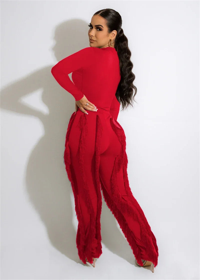 Elegant 2 Piece Sets Women Outfit 2025 Fall Winter Long Sleeve Bodysuit Top and Tassel Pants Matching Sets Ensembles Pantalons