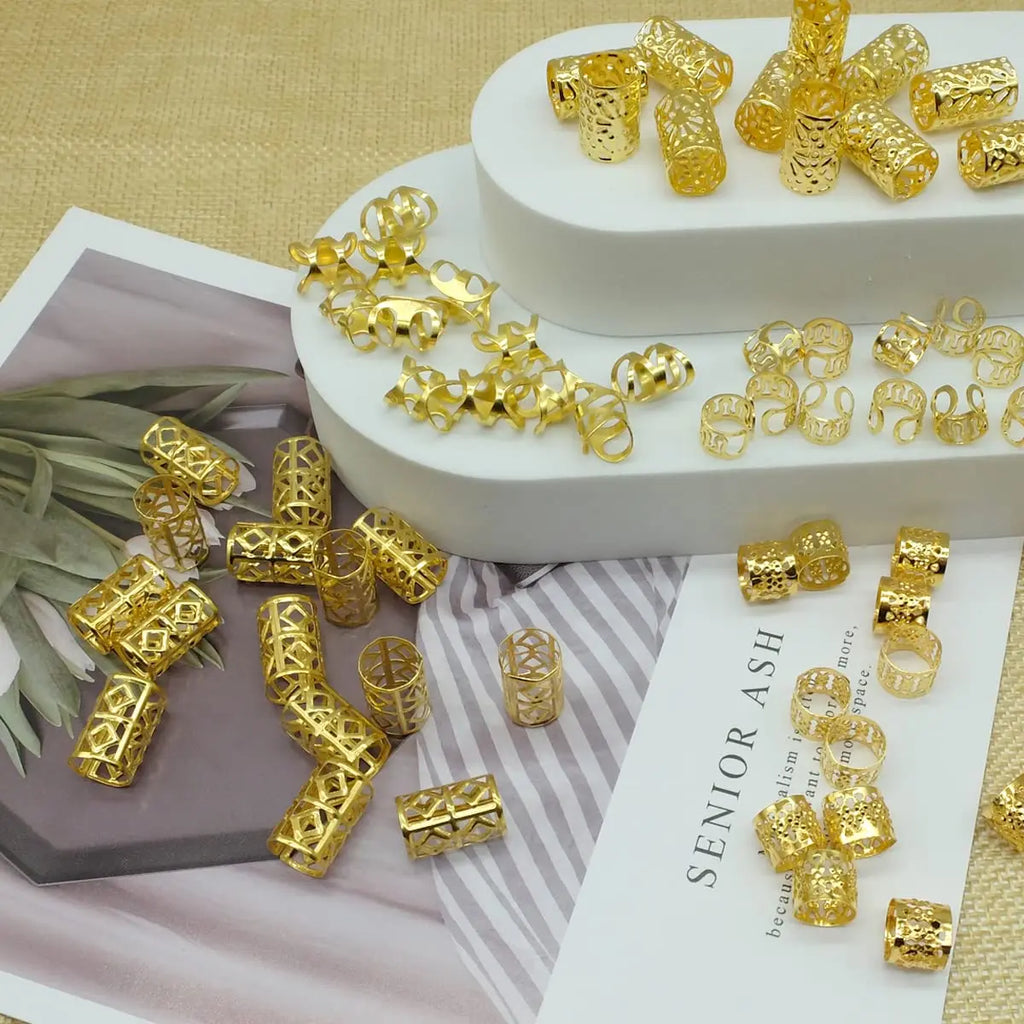 100Pcs Women Girls Dreadlocks Beads Hair Rings Braids Clips Metal Golden and Silver Hair Cuffs Hair Decoration Accessories
