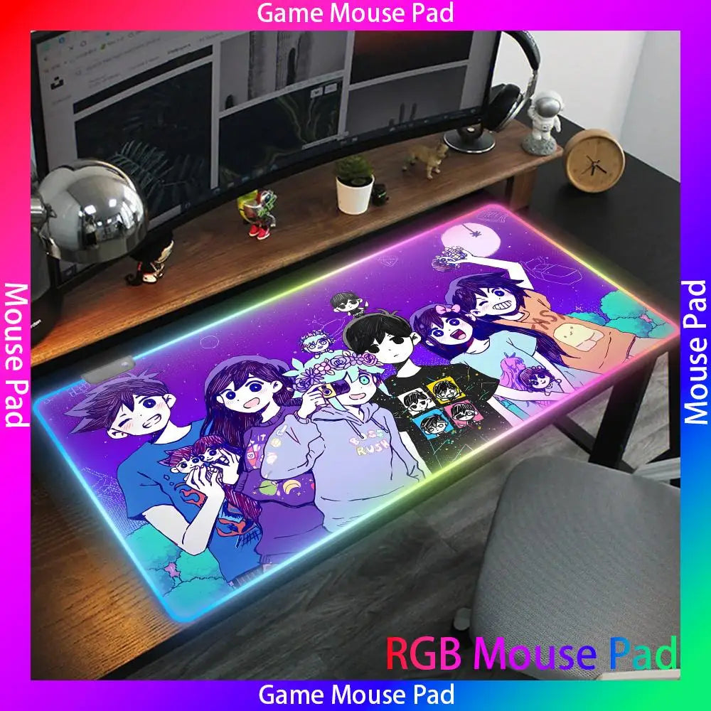 Hot Video Game O_omori RGB Mouse Pad LED Large Gamer Mousepads Luminous Kawaii Cute Deskmat High-end E-sports Keyboard Pad