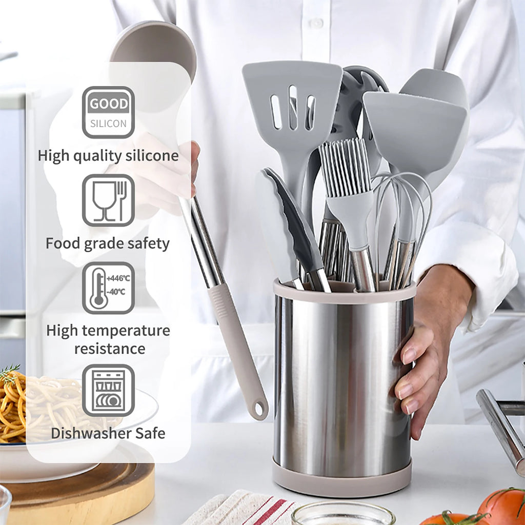 Kitchen Utensils Set Silicone Stainless Steel Handle Non Slip Heat Resistant Cooking Utensils Set for Home Apartments