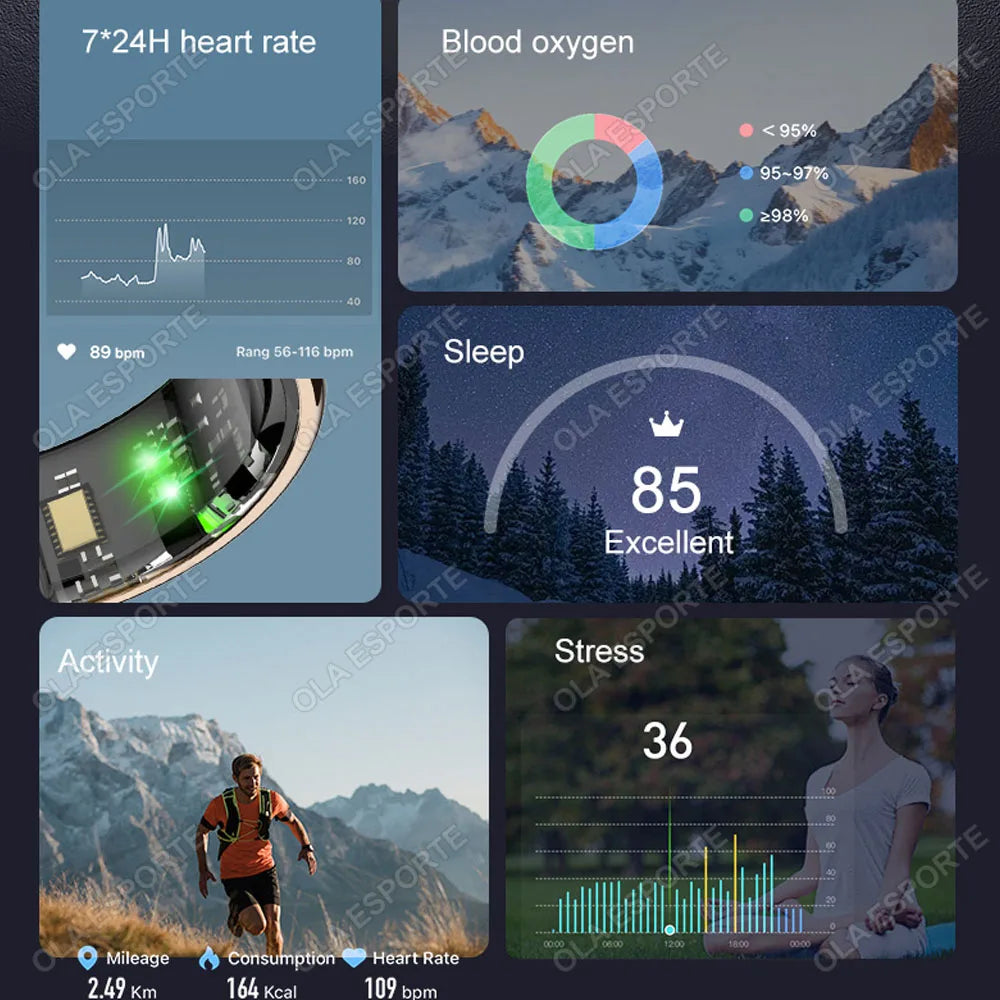 New Smart Ring Touch Screen Health Manager Heart Rate/Blood Oxygen Monitor Wireless Charging IP68 5ATM Waterproof for Universal