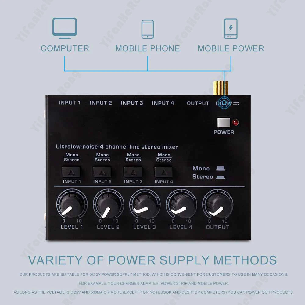 MAX400 Audio Mixer Mini Stereo Mixer Ultralow Noise 4 Channels Mixers Mixing Console DC5V for Electric Guitar Drum Piano