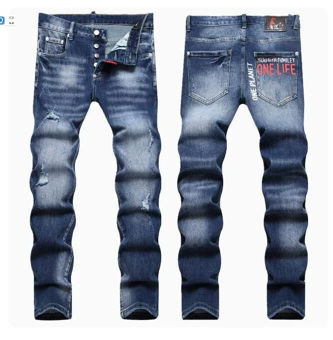 Men Ripped Skinny Denim Jeans Blue Holes Jeans Italian Style Stretch Denim Pants High Quality Male Slim Fit Denim Trousers  38