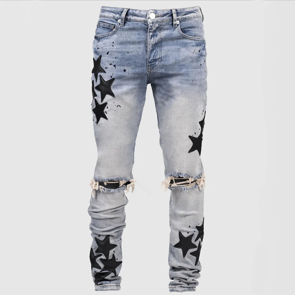 Ripped Men Jeans Denim Pant Star Mid Waist Slim Fit Vintage Wash Punk Style Skinny Pencil Pants Distressed Holes Ankle Length
