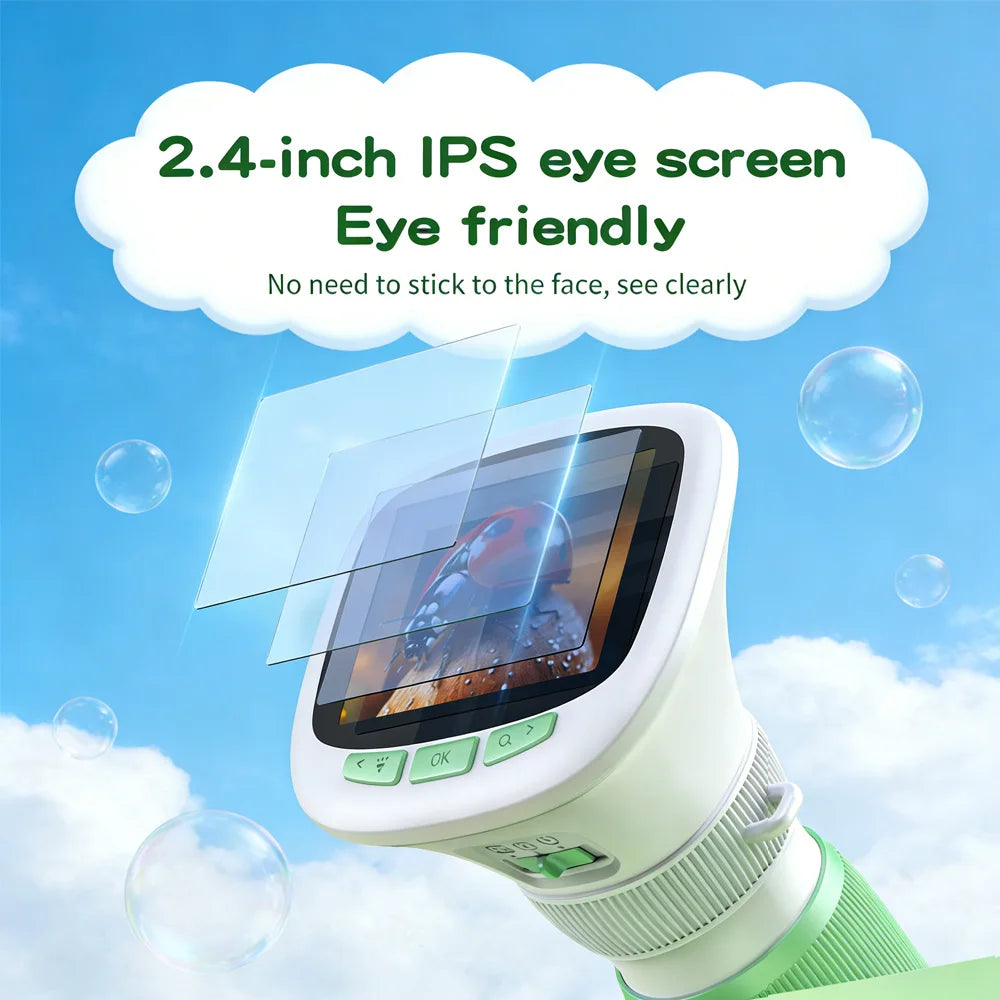 Kids Handheld Microscope (Ages 6-12) | 2.4" IPS HD Screen, 200X/1000X Magnification, Photo/Video Recording