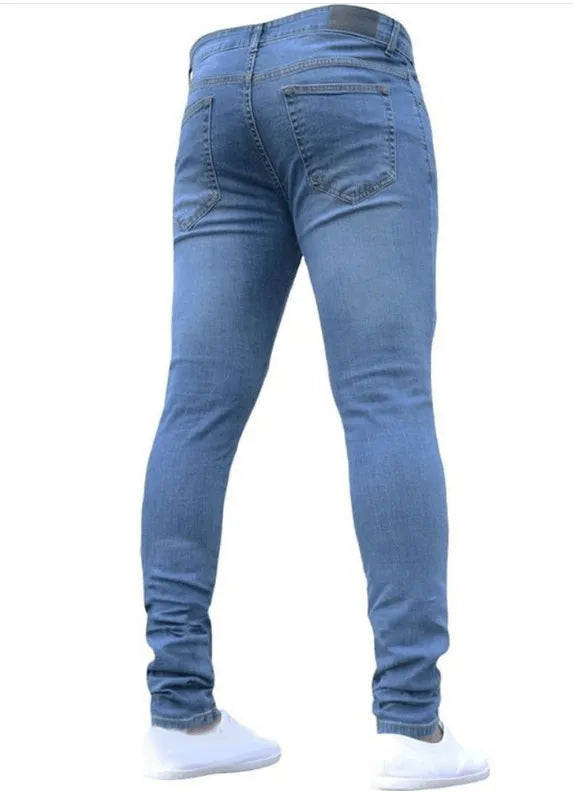 European and American New Style Tight and Personalized Popular Jeans 2024 Fashion Men's Elastic Solid Color Slim-fit Pants