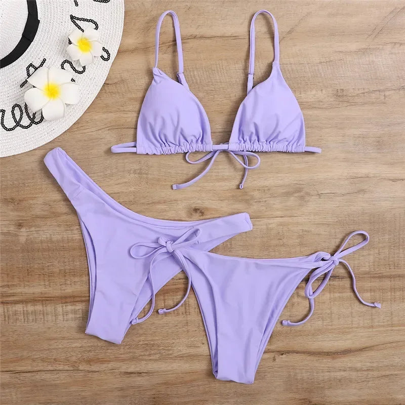 Women's Sexy 3-Piece Bikini Set - Push Up Bandage Triangle Swimsuit in Blue & Purple, Brazilian Beachwear