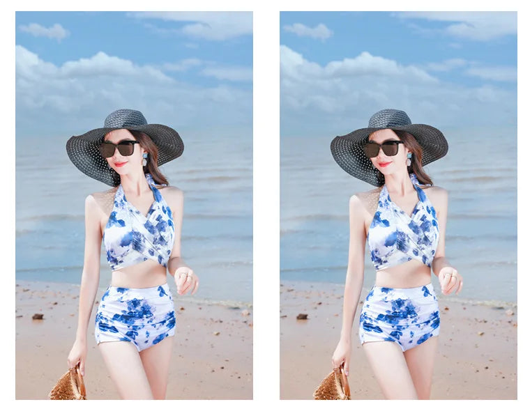 Bikini Sets Women Halter Floral Printed Three Pieces Split Swimsuit Korean Fashion Elegant Beach Style Slim Sexy Hot Girls Soft