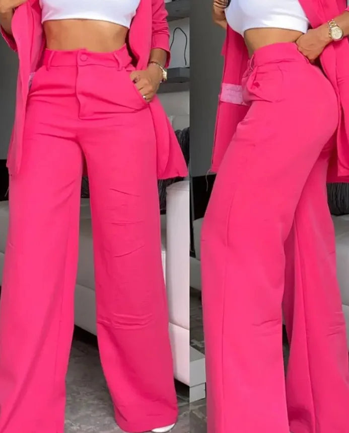 Two Piece Set Women Outfit Autumn Fashion  Collar Long Sleeve Blazer Coat & Elegant Pocket Design Work Pants Set