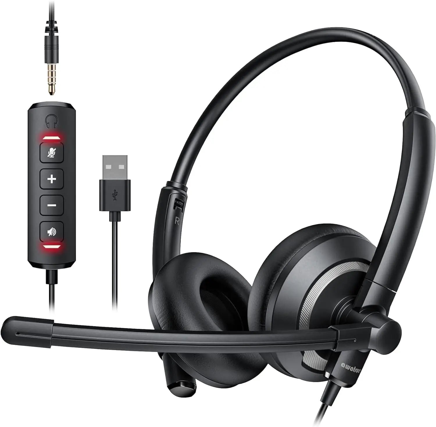 Awatrue EH05 Wired USB Headsets with Noise Cancelling Mic for PC Laptop Headphones with In-Line Control Mic Mute Lightweight