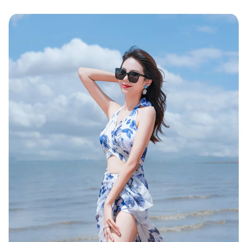Bikini Sets Women Halter Floral Printed Three Pieces Split Swimsuit Korean Fashion Elegant Beach Style Slim Sexy Hot Girls Soft