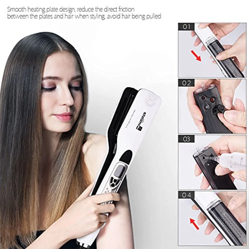 Professional Salon Steam Hair Straightener Nano Titanium  Steam Flat Iron + Removable Comb EU Plug Black