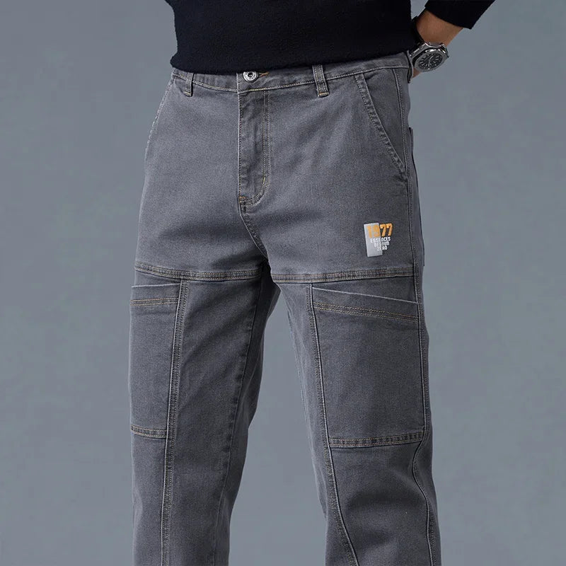 2025 New Style Jeans Men's Slim Fit Korean Style Comfortable Straight Leg Elastic Gray Mid Waist Pants Men's Casual Denim Pants