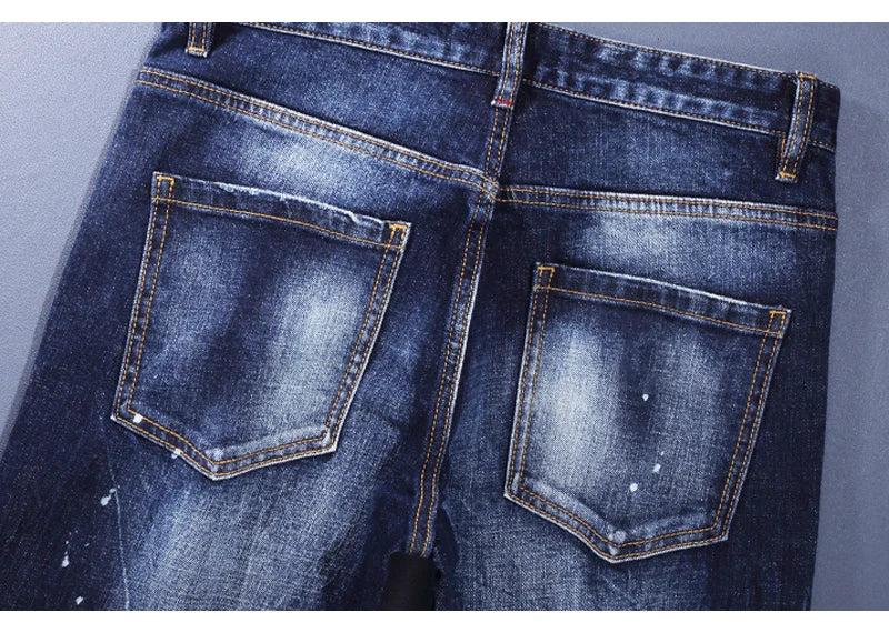 Designer Fashion Men Jeans High Quality Retro Blue Stretch Slim Fit Painted Ripped Jeans Men Brand Vintage Denim Pants Hombre