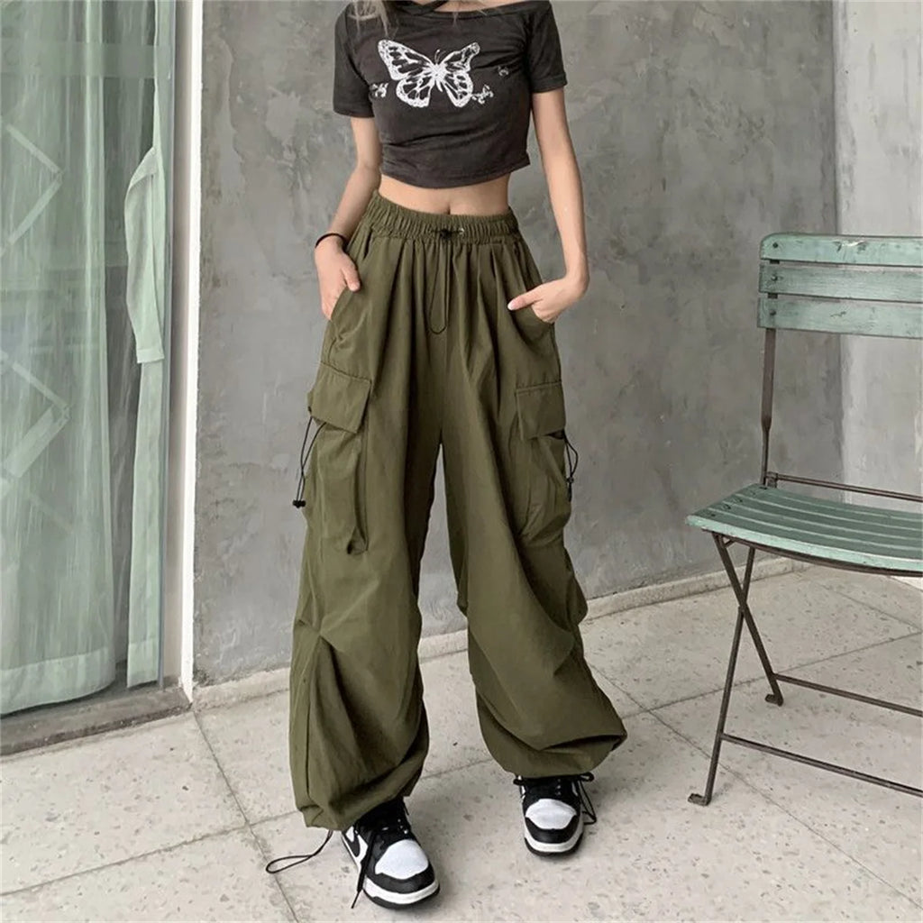 Red Big Pockets Cargo Pants Women High Waist Loose Streetwear Baggy Tactical Trouser Fashion Hip Hop Joggers Trousers Female