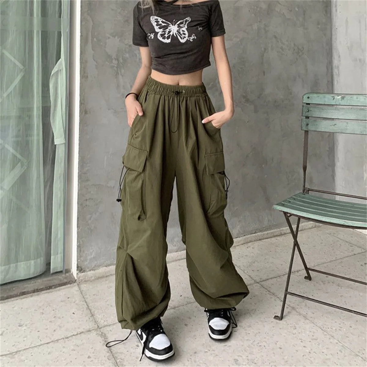 Red Big Pockets Cargo Pants Women High Waist Loose Streetwear Baggy Tactical Trouser Fashion Hip Hop Joggers Trousers Female