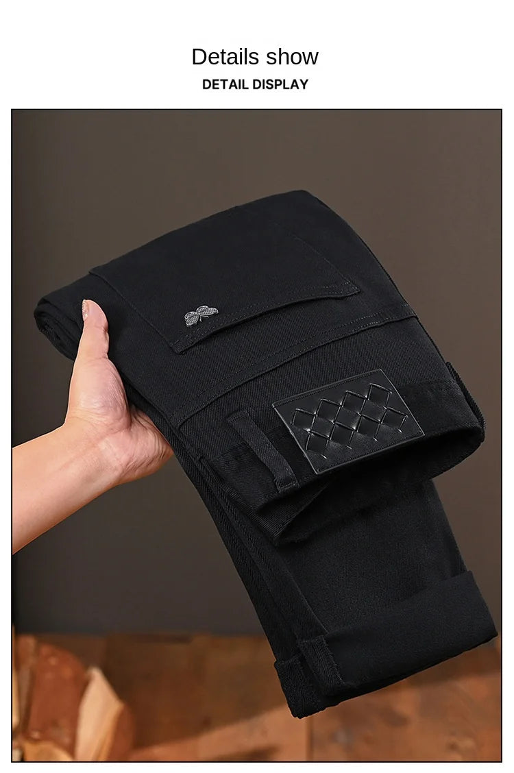 Pure black jeans men's 2025 new light luxury fashion spring and summer versatile elastic slim fit small straight leg pants