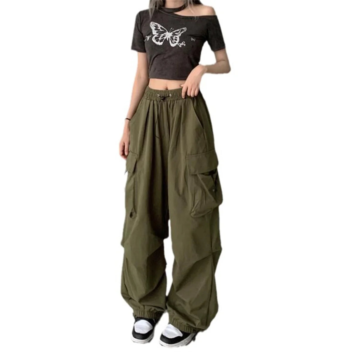 Red Big Pockets Cargo Pants Women High Waist Loose Streetwear Baggy Tactical Trouser Fashion Hip Hop Joggers Trousers Female