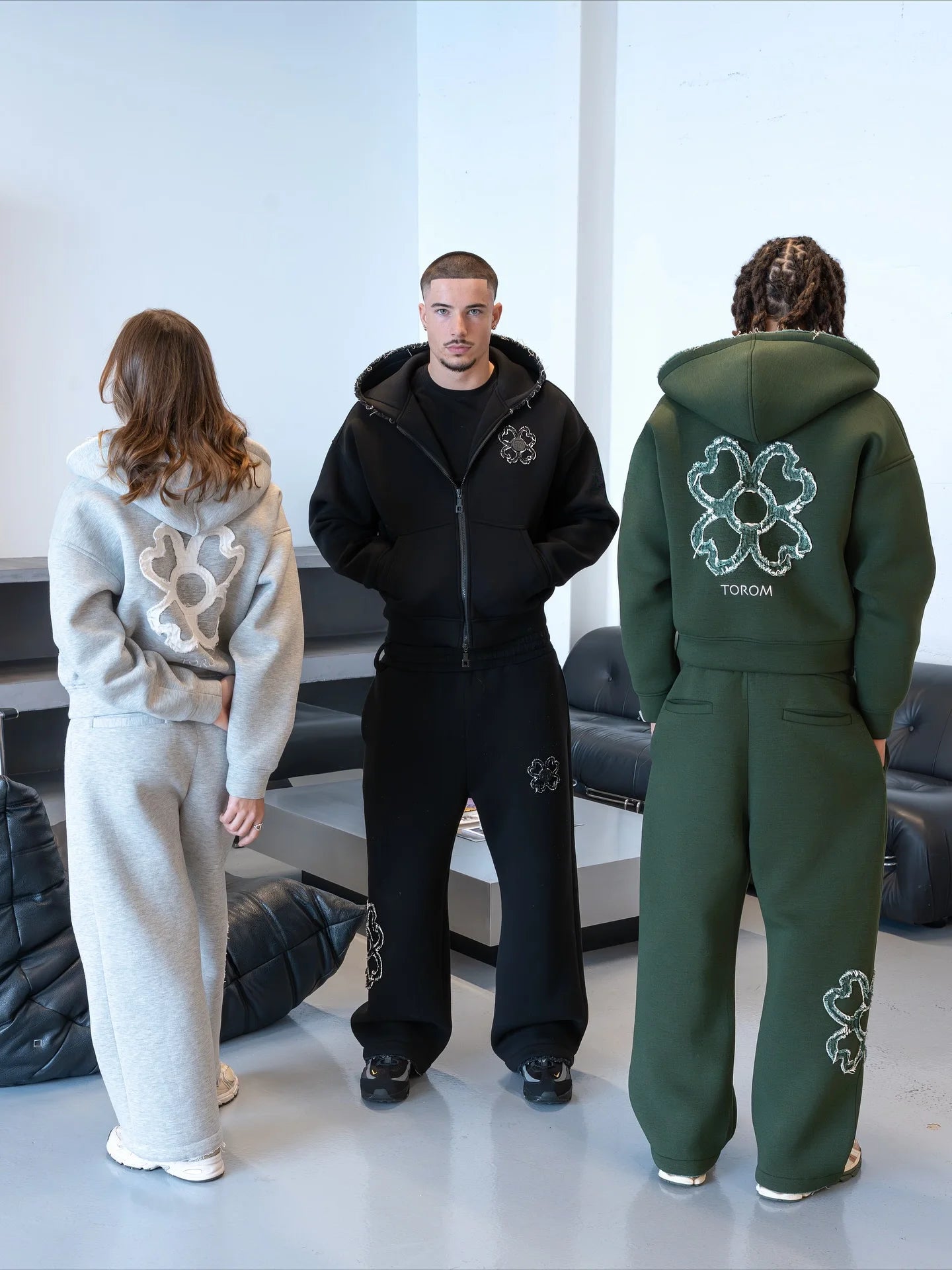 European Street Style Four-Leaf Clover Men's Oversized Activewear Set, Unisex Fit Zip-Up Hoodie Multi-Color Trendy Two-Piece Set