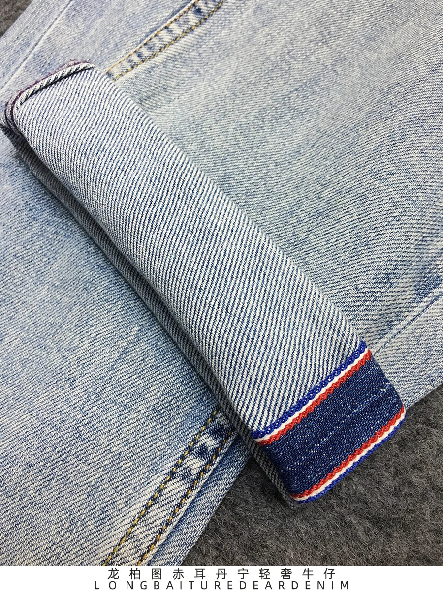 Summer Thin 11oz Red Selvedge Denim Jeans for Men 94% Cotton Micro Stretch Slim Fit Straight Light Pants 24ss Y2k Youth Male 5KM