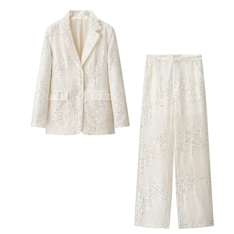 HH Female Sequins Sets Turn-Down Collar Pockets Single-Breasted Blazers+High Waist Zipper Trousers Women's Autumn Pant Set