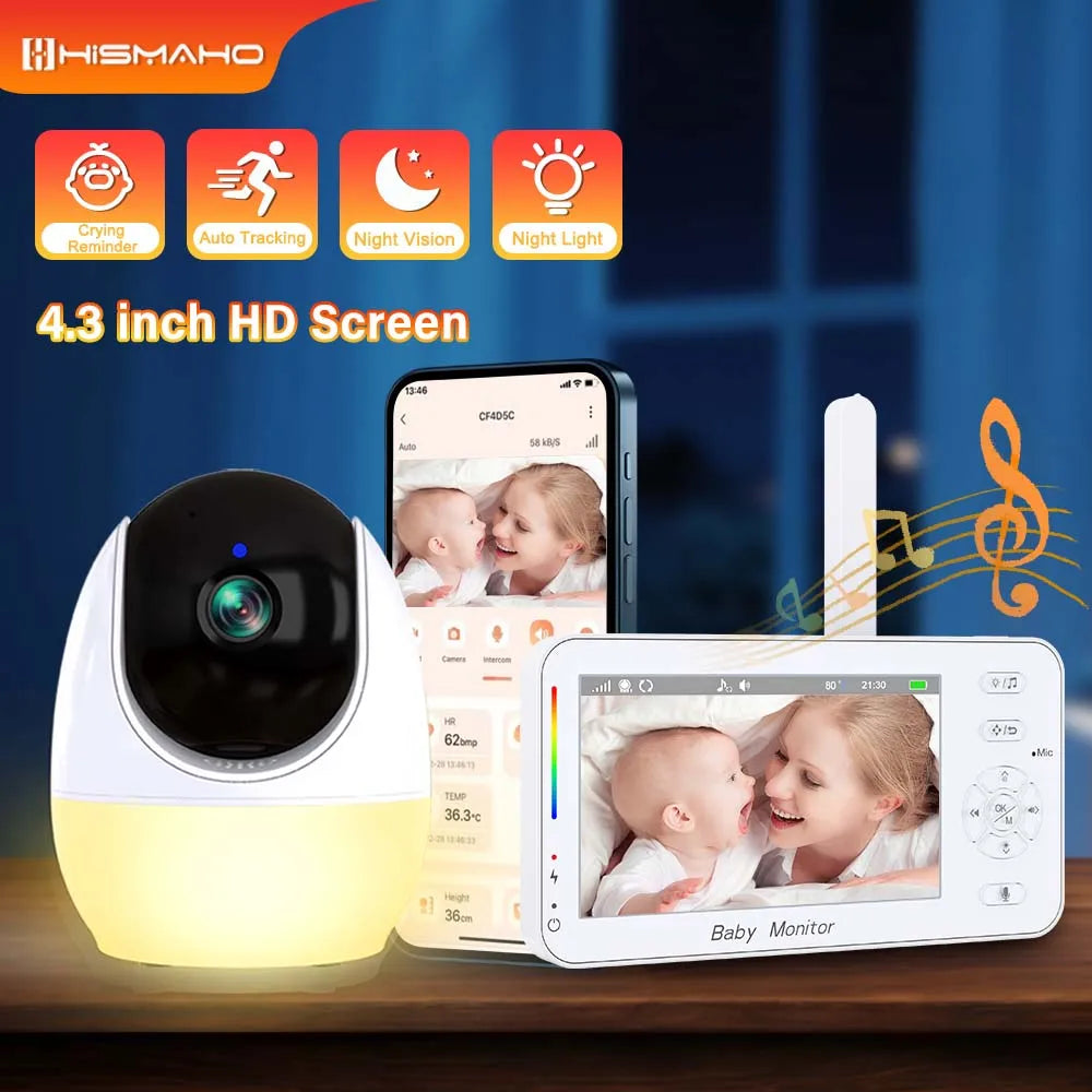 Video Baby Monitor 4.3 Inch Screen Indoor Mini Camera Night Light PTZ Auto Tracking WIFI APP View Control Pet Baby Surveillance